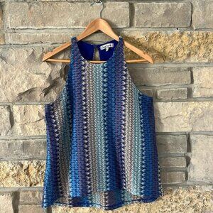 Crave Fame Blue White Brown Crochet Knit Racerback Top Size Large